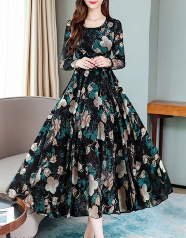 Fancy Retro Printed Crepe Fabric Women Dresses - S, Green, Crepe, Pack of 1